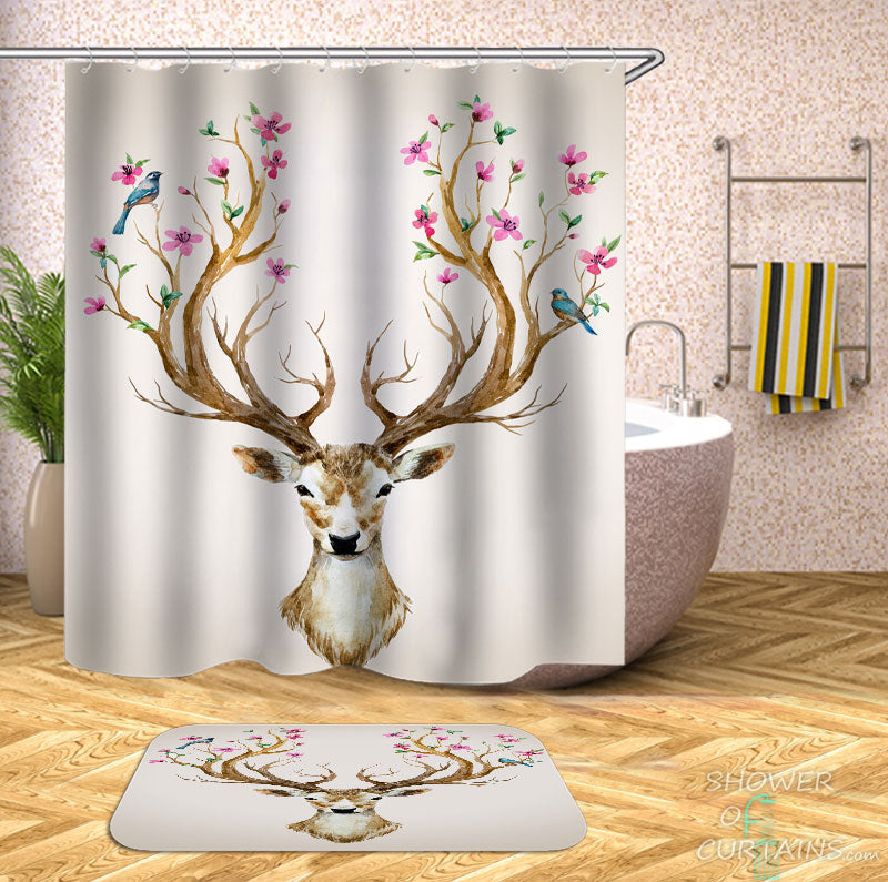 Shower Curtains with Song Birds and Flowers on Deer