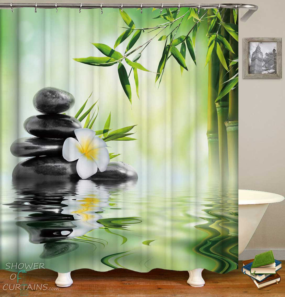 Shower Curtains with Spa Plumeria Pebbles and Bamboo
