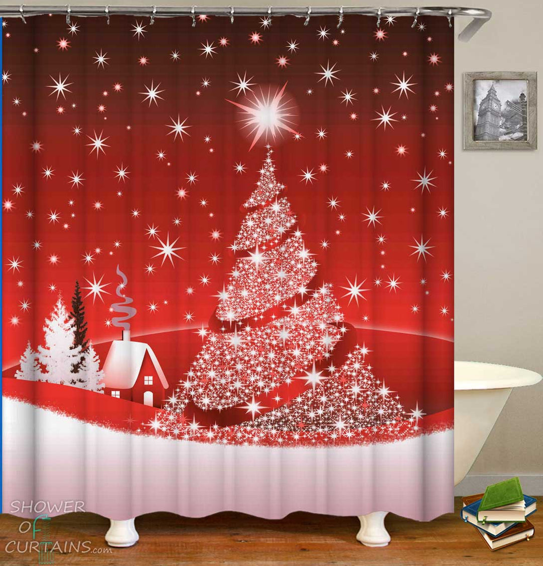Shower Curtains with Sparkling Red Christmas