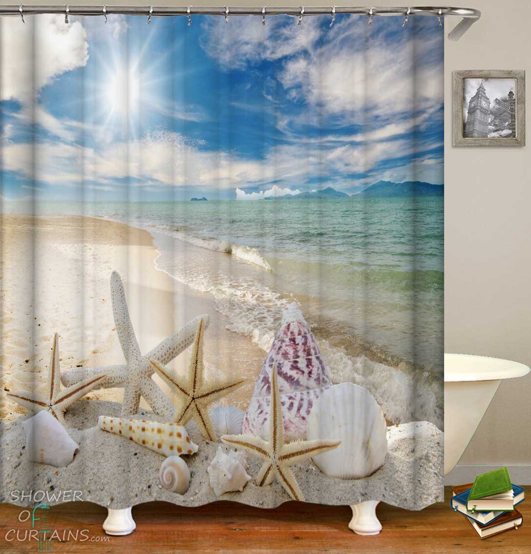 Shower Curtains with Starfish and Shells on the Beach
