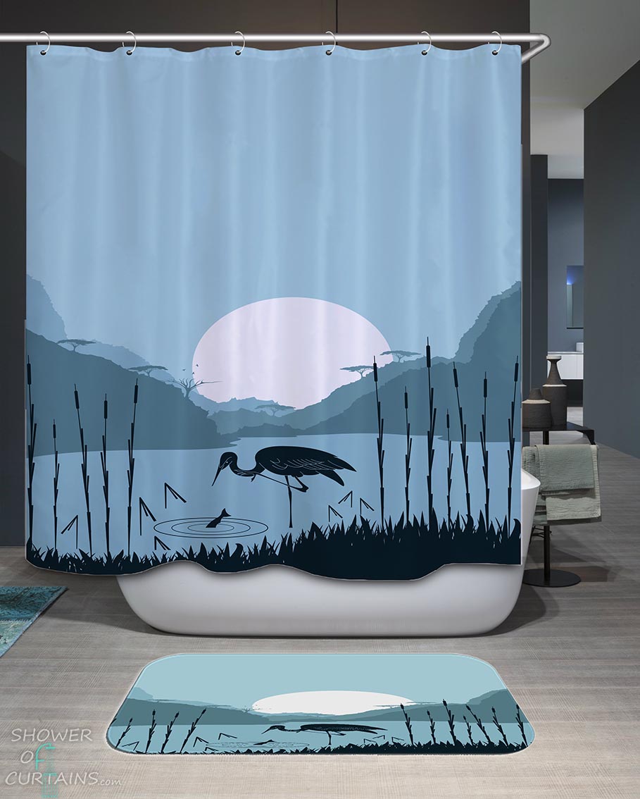 Shower Curtains with Stork Fishing on a Lake