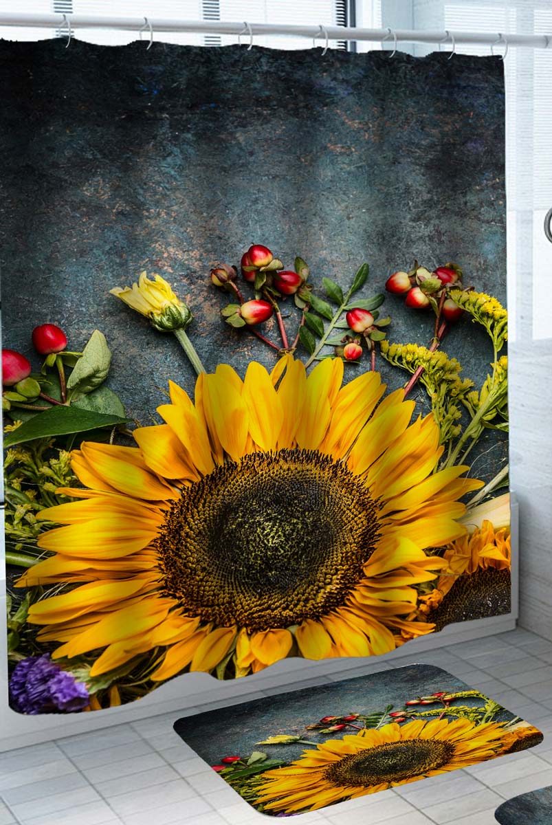 Shower Curtains with Sunflower on Concrete