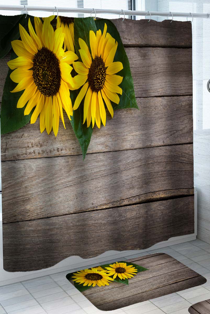 Shower Curtains with Sunflowers on Wood Deck
