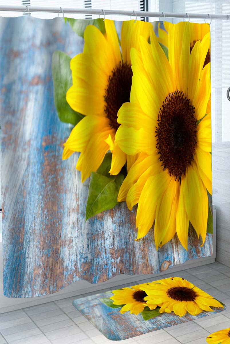 Shower Curtains with Sunflowers on Worn Out Blue Deck