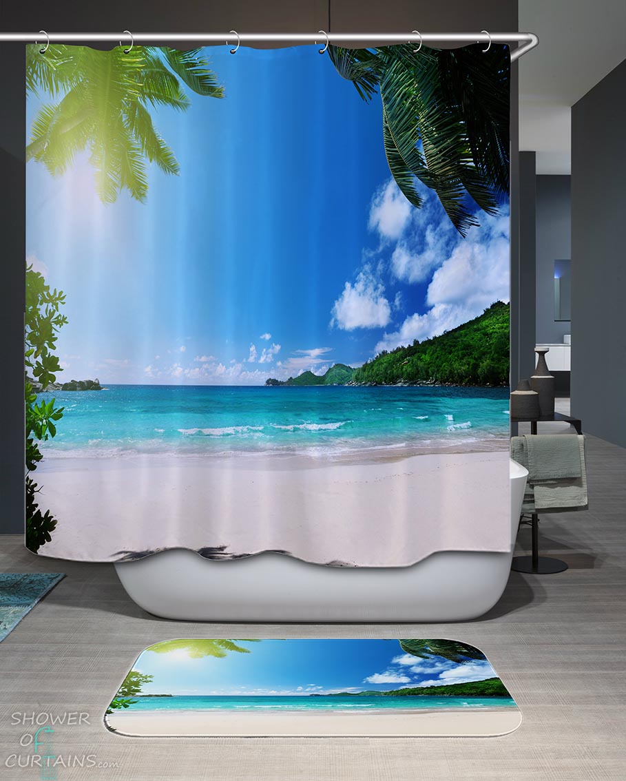 Shower Curtains with Sunny White Sand Tropical Beach