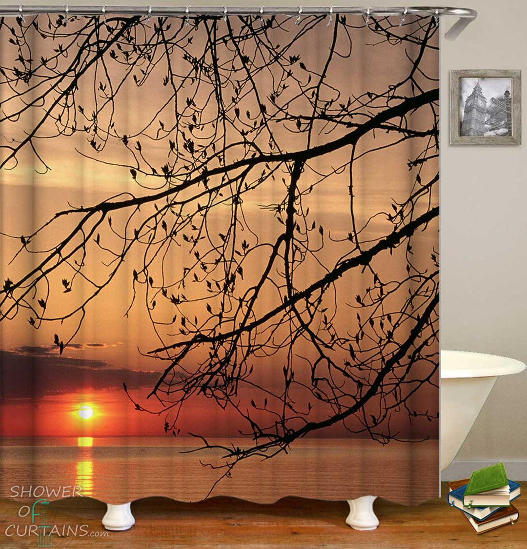 Shower Curtains with Sunset Above the Ocean
