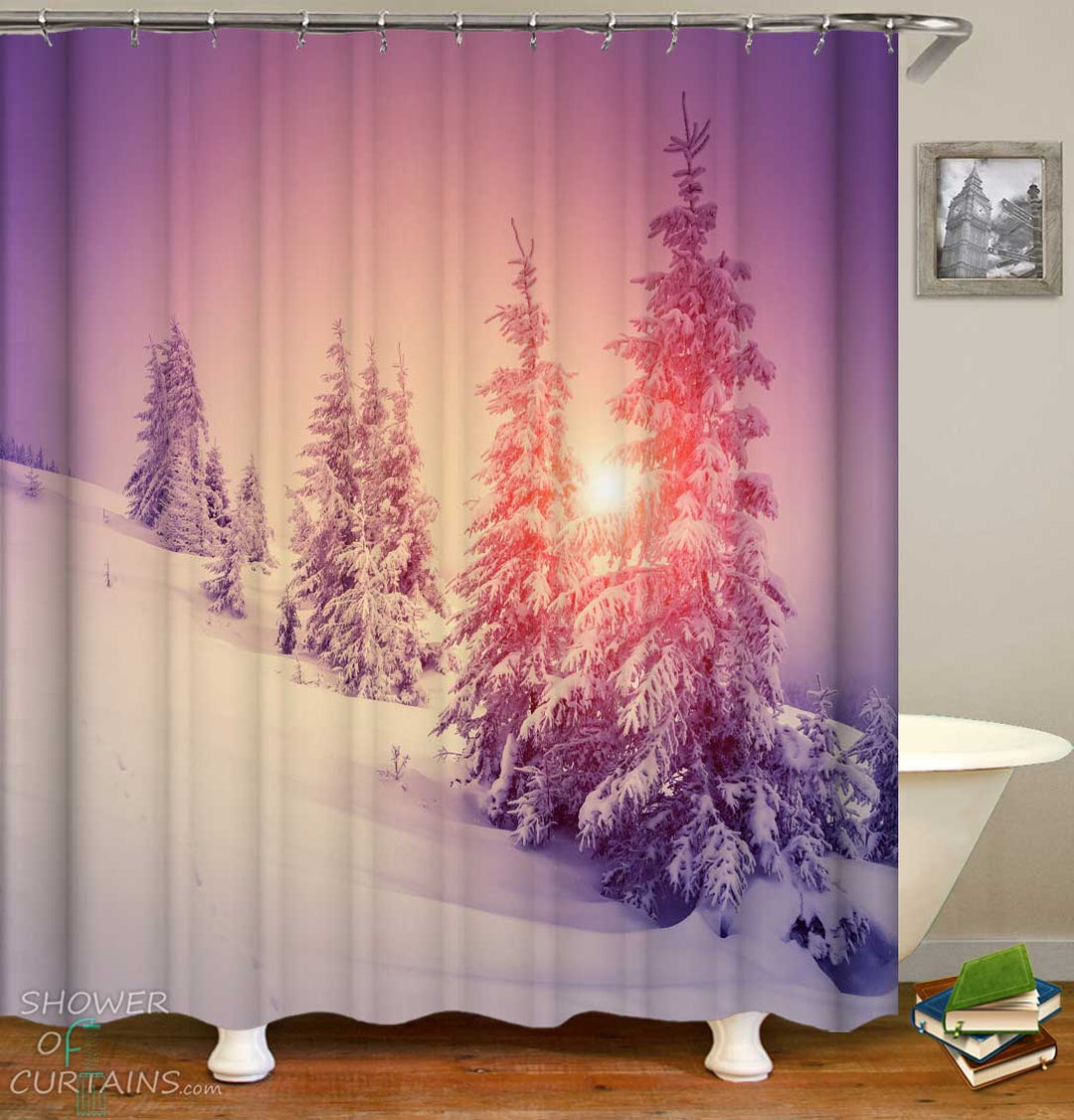 Shower Curtains with Sunset over the Snowy Mountain
