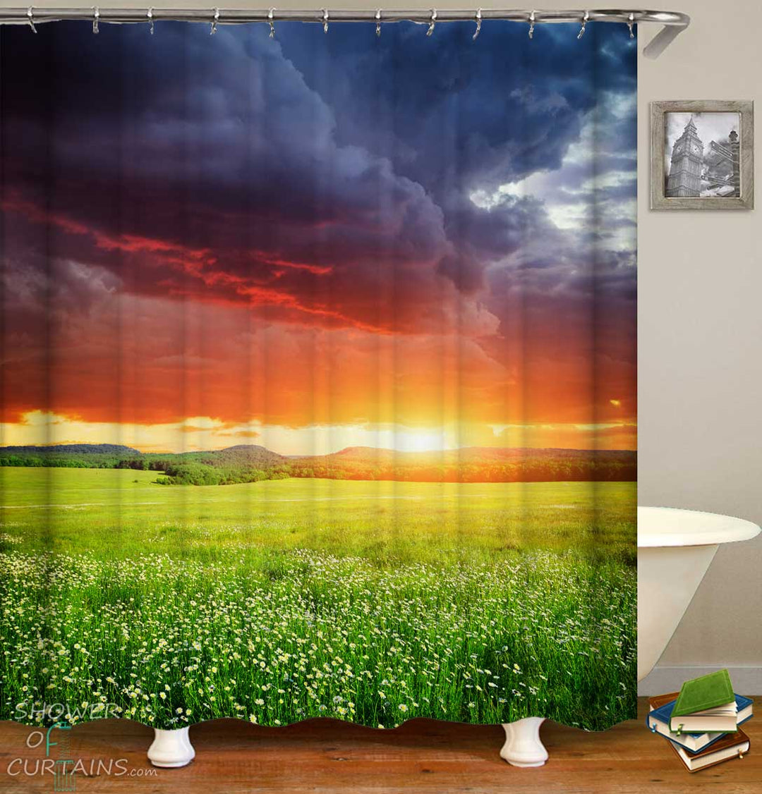 Shower Curtains with Sunset vs Storm Clouds