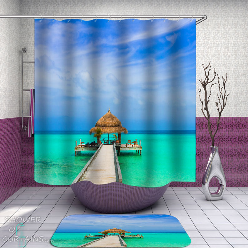 Shower Curtains with Teal Ocean Blue Sky Hut