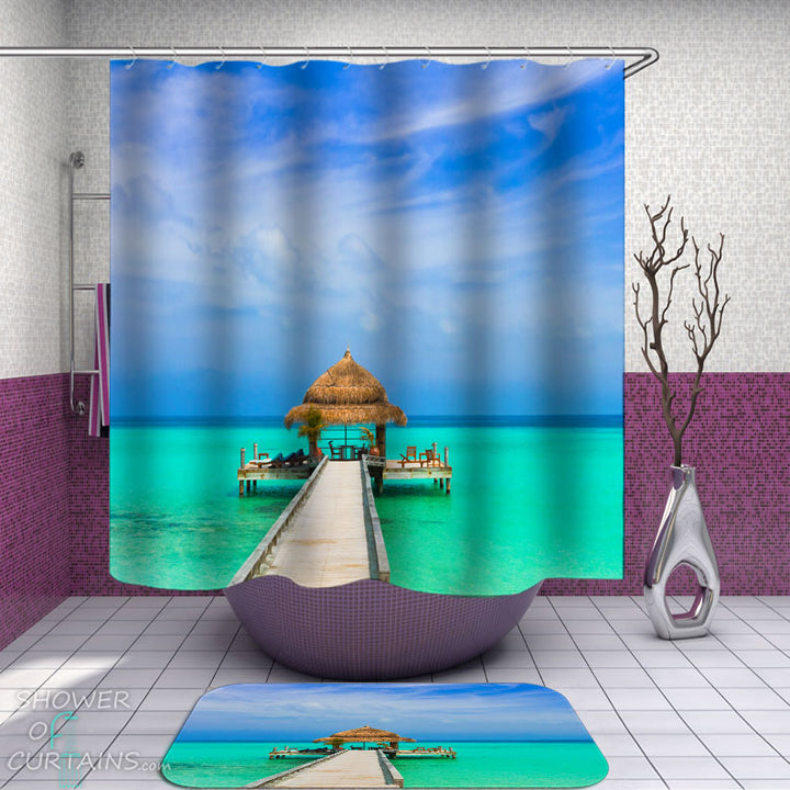 Shower Curtains with Teal Ocean Blue Sky Hut