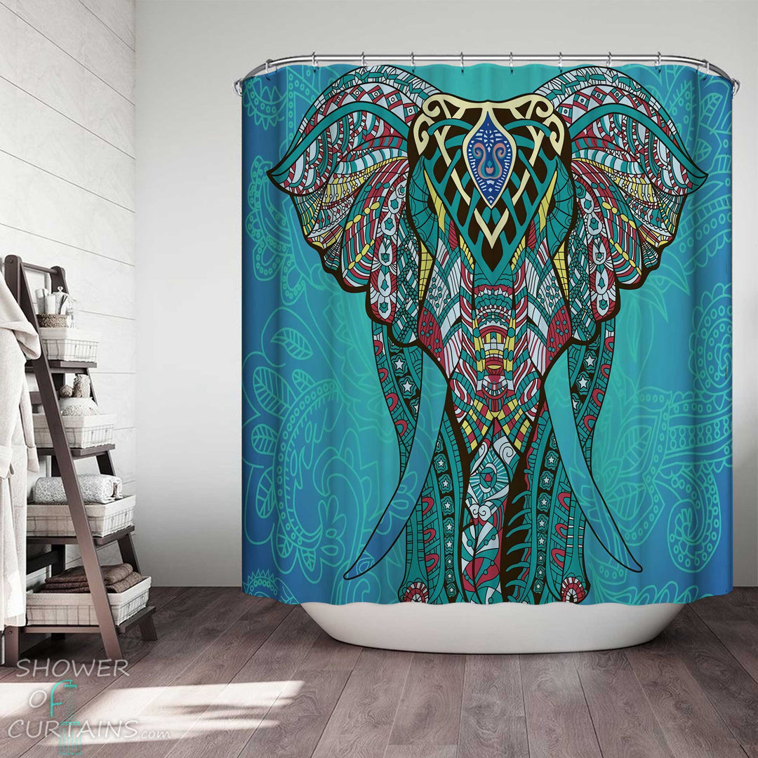 Shower Curtains with Teal Oriental Elephant