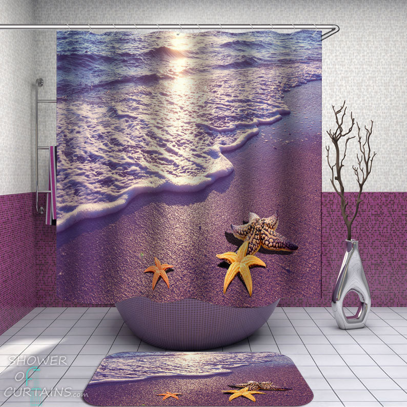 Shower Curtains with Three Starfish on the Beach