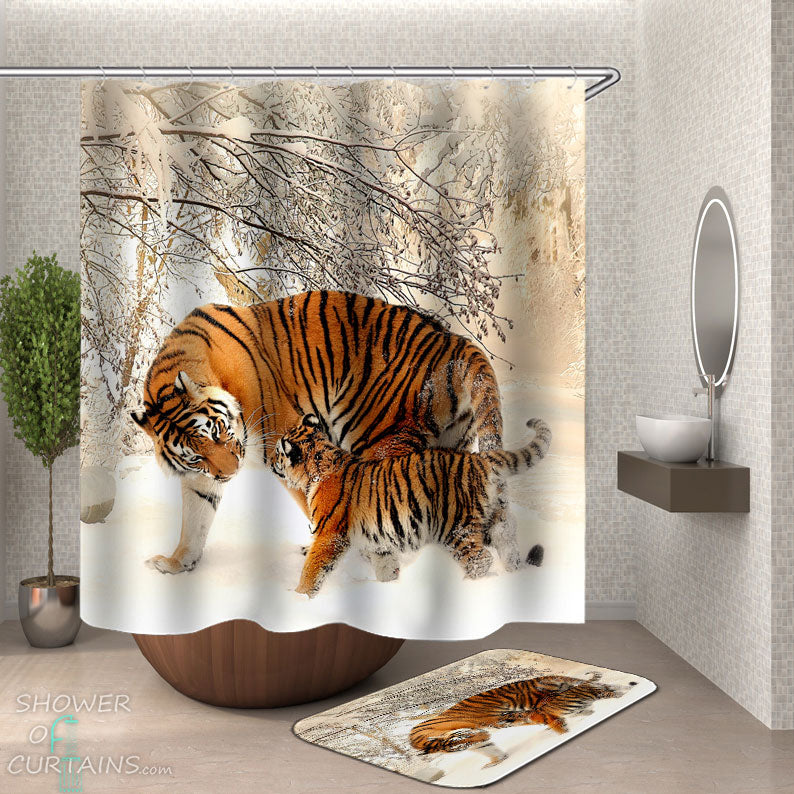 Shower Curtains with Tiger and Tiger Cub in The Wild