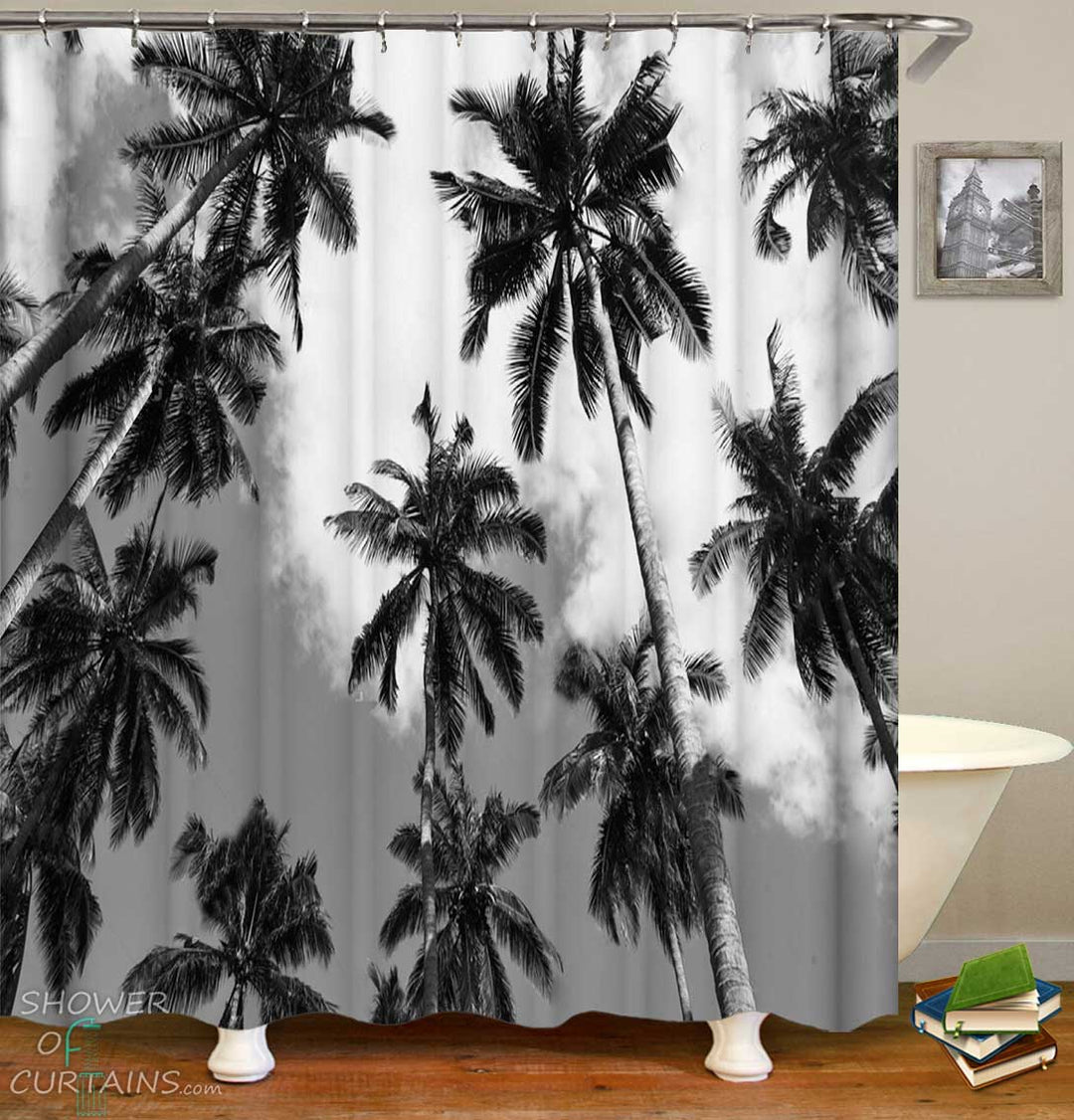 Shower Curtains with Tropical Black and White Palm Trees