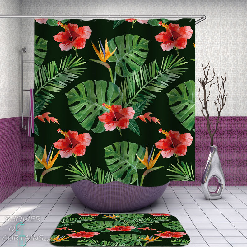 Shower Curtains with Tropical Flowers and Palm Leaves