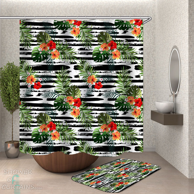 Shower Curtains with Tropical Flowers over Black and White