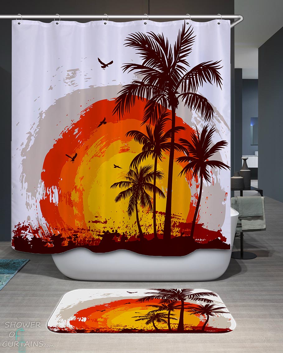 Shower Curtains with Tropical Sunset Drawing