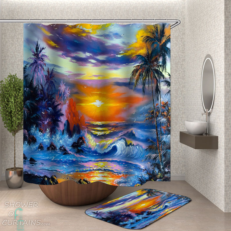 Shower Curtains with Tropical Sunset Storm Painting