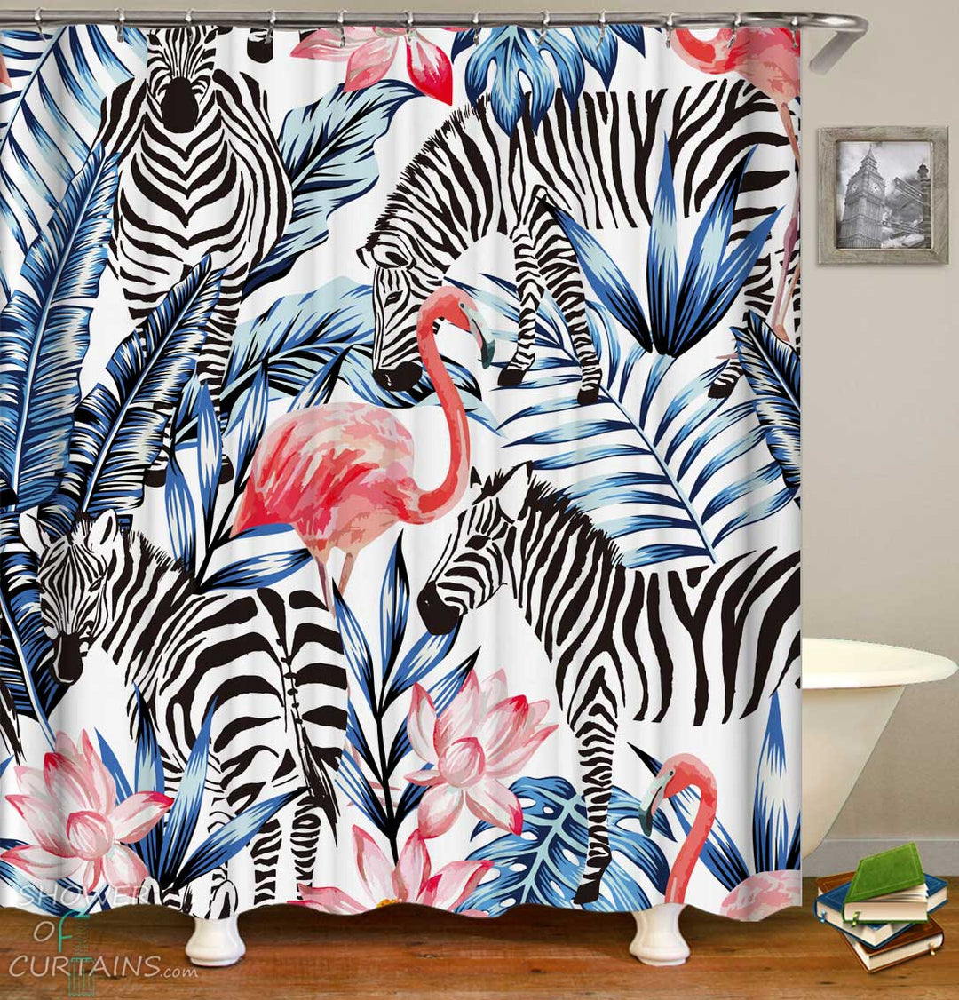 Shower Curtains with Tropical Vibes Flamingos and Zebra