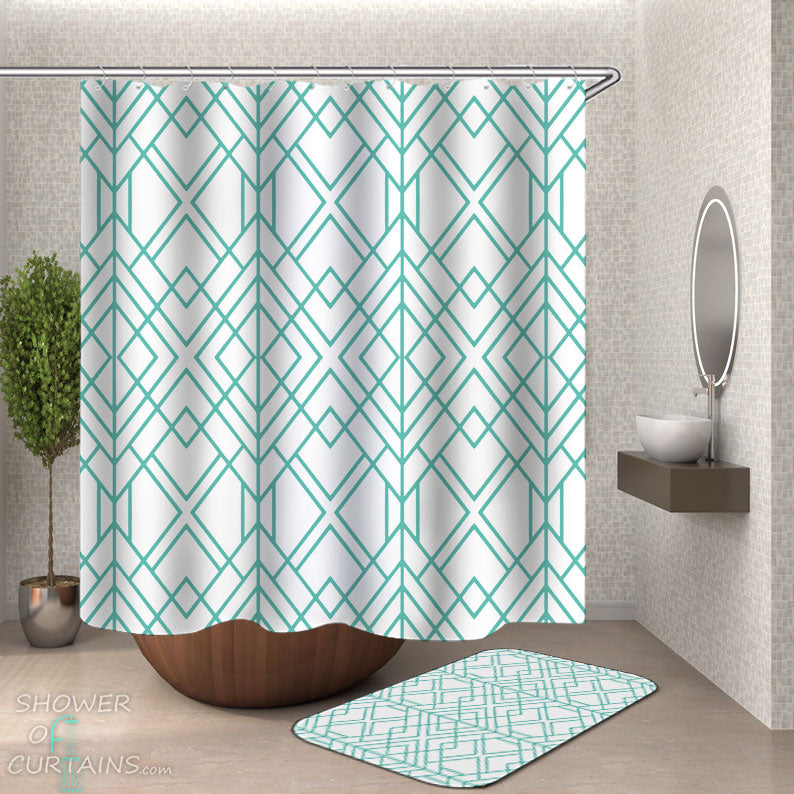 Shower Curtains with Turquoise Geometric Pattern