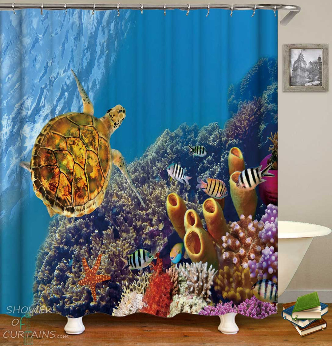 Shower Curtains with Turtle in the Coral Reef