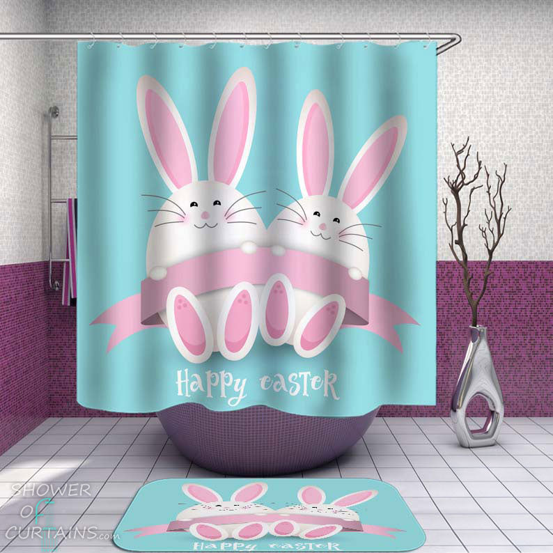 Shower Curtains with Two Bunnies Happy Easter