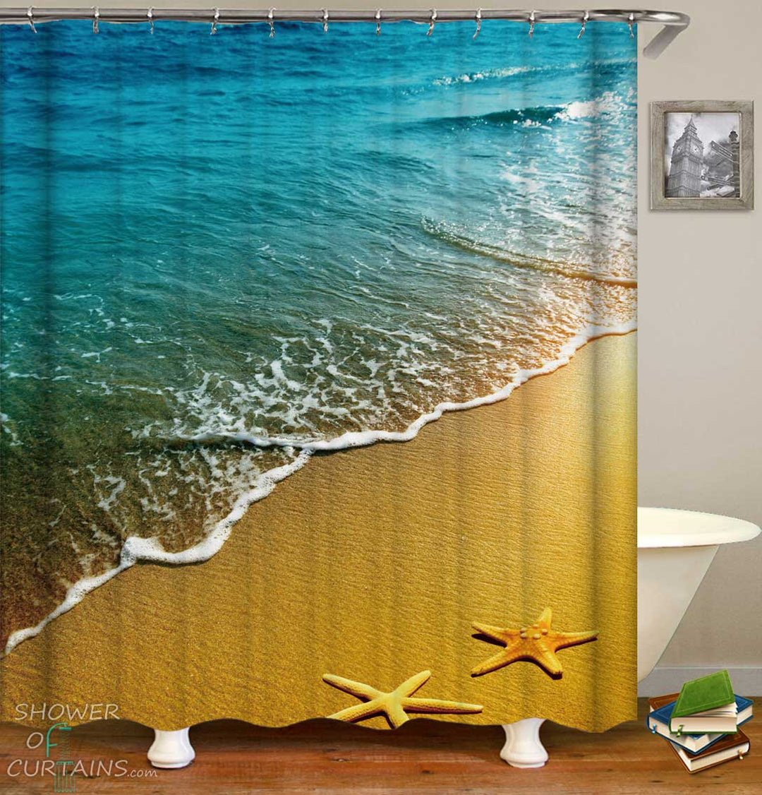 Shower Curtains with Two Starfish Tanning on the Beach
