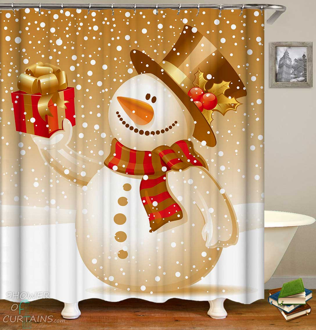 Shower Curtains with Vintage Colored Christmas Snowman