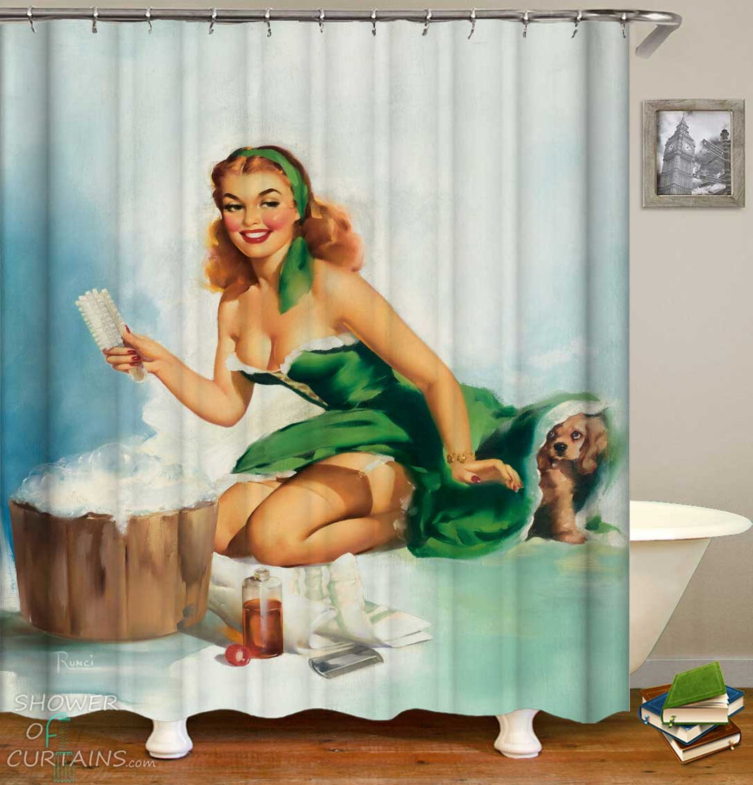 Shower Curtains with Vintage Pin Up House Lady