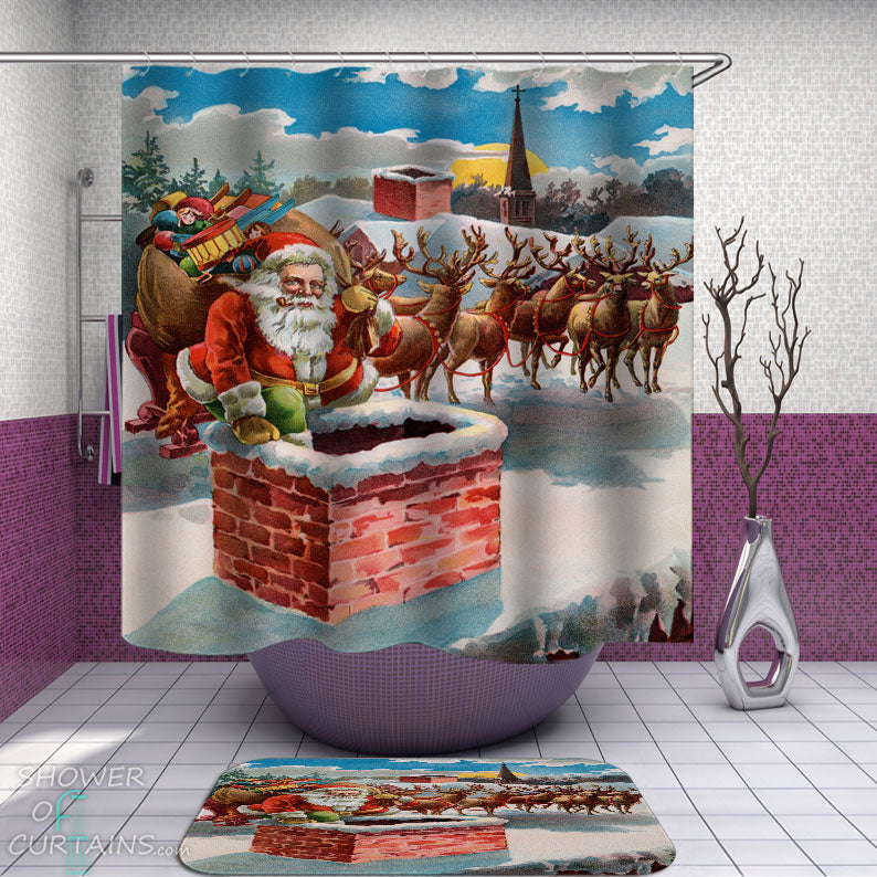Shower Curtains with Vintage Santa Claus on the Roof