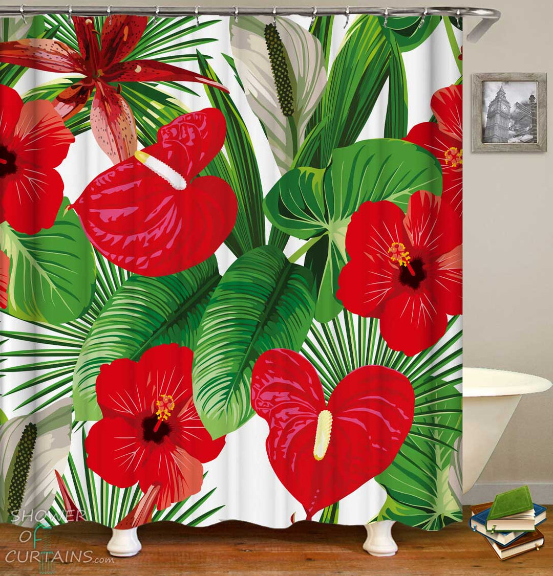 Shower Curtains with Vivid Red Tropical Flowers