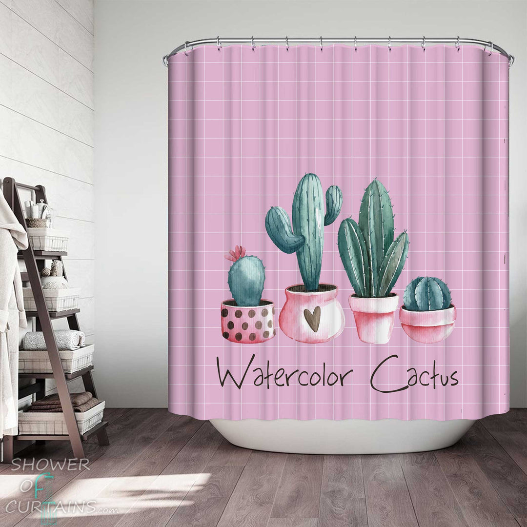 Shower Curtains with Watercolor Cactus over Purple