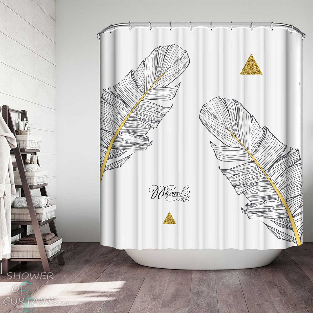Shower Curtains with Welcome Feathers and Gold