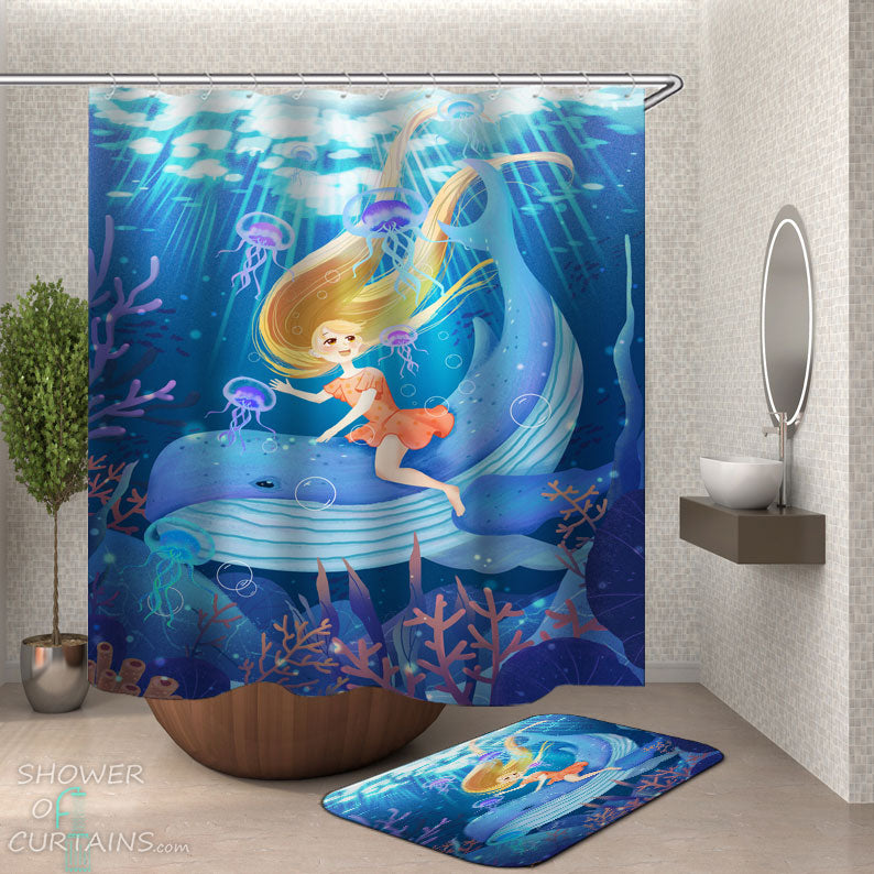 Shower Curtains with Whale Riding for Kids