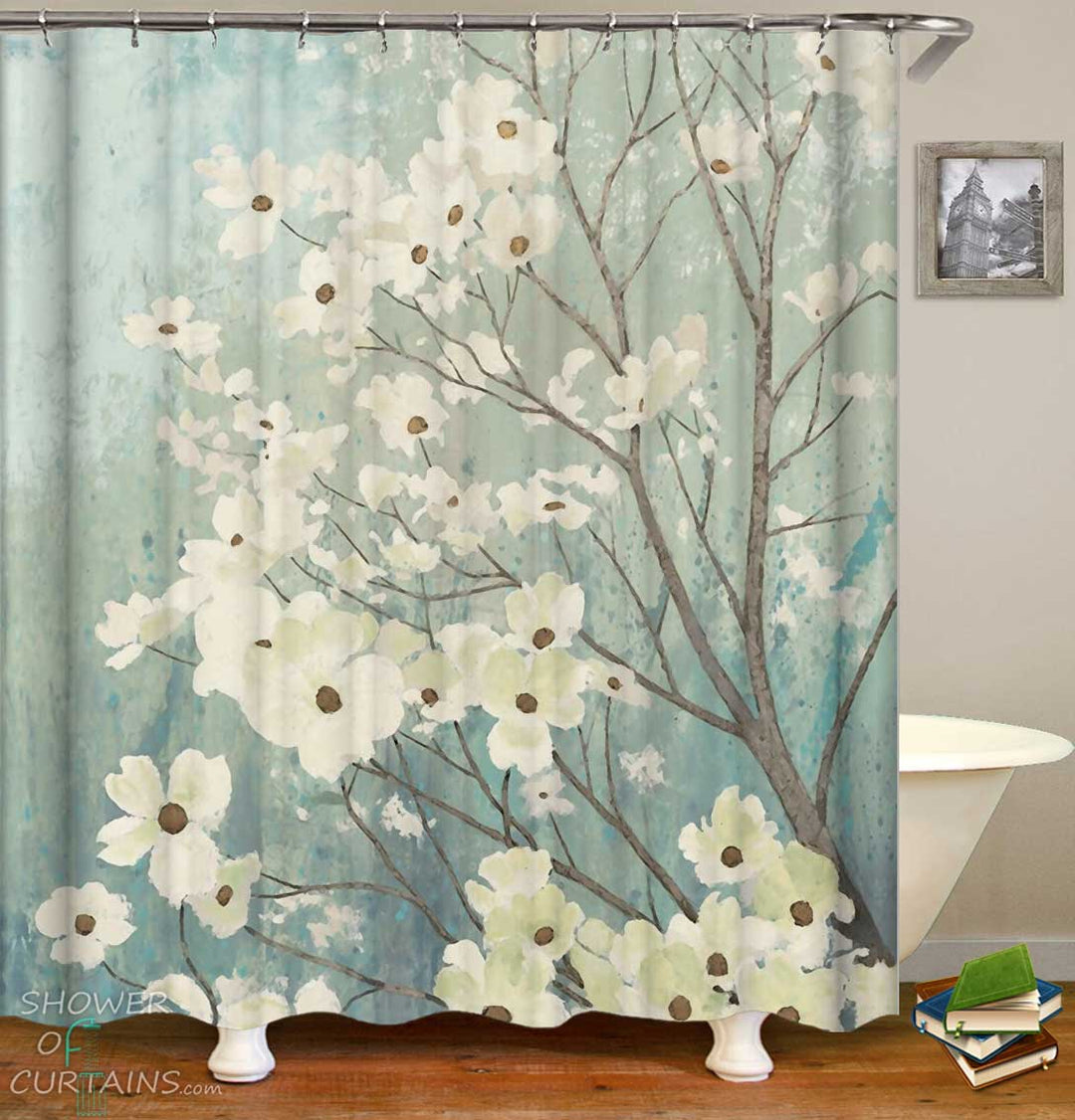 Shower Curtains with White Flowers Art Painting