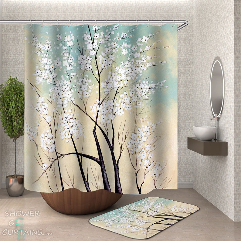 Shower Curtains with White Flowers Art