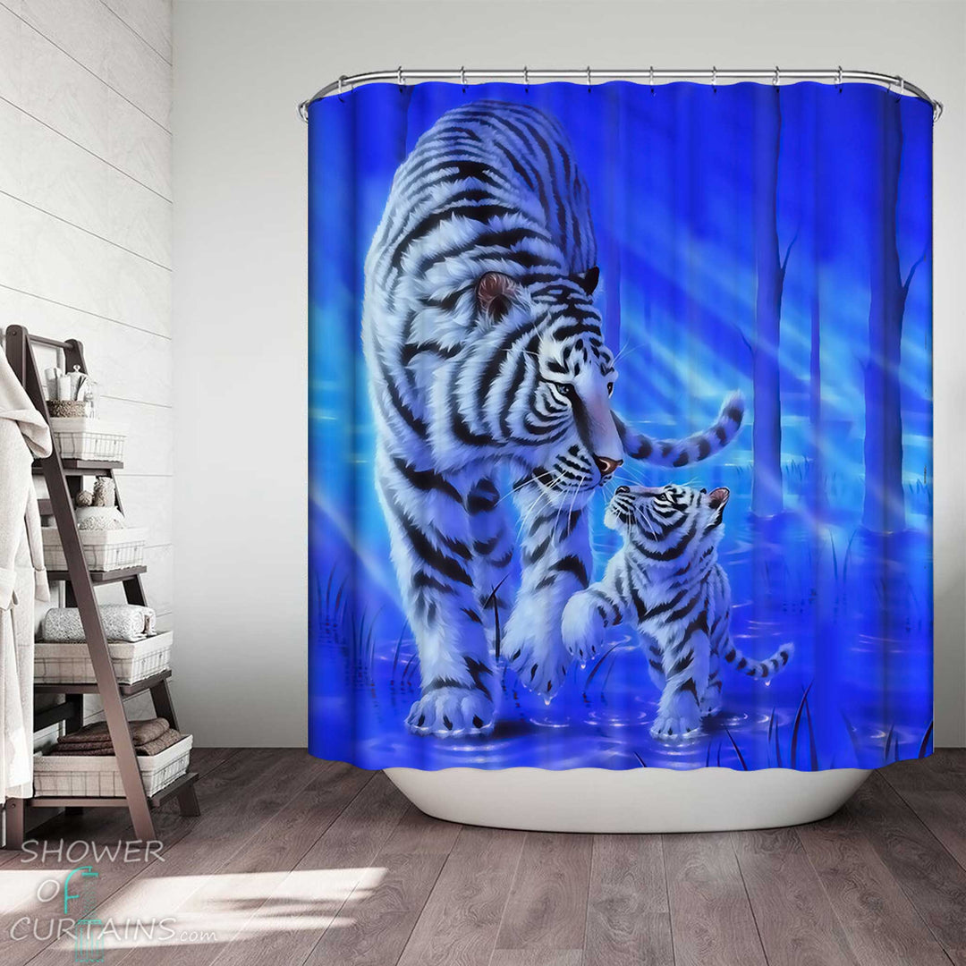 Shower Curtains with White Tiger and White Tiger Cub