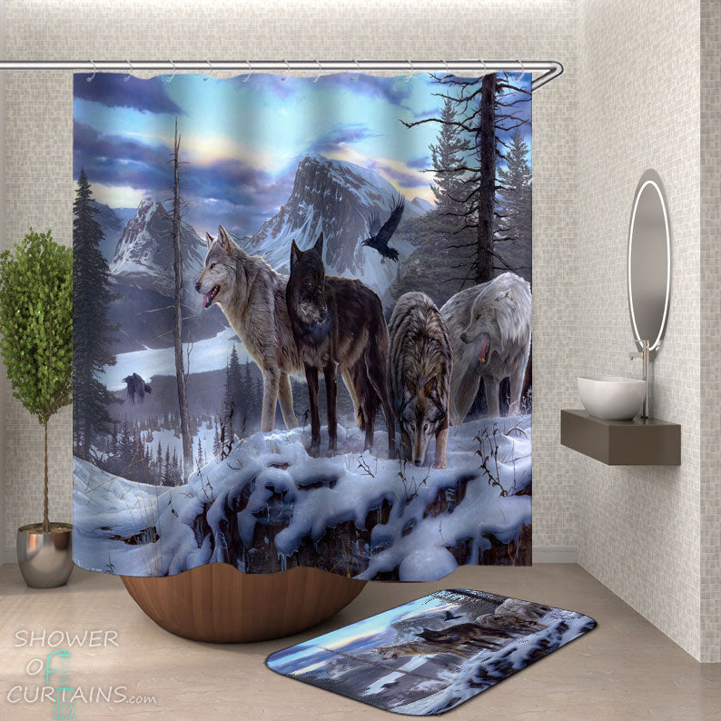 Shower Curtains with Wolf Pack in the Mountains