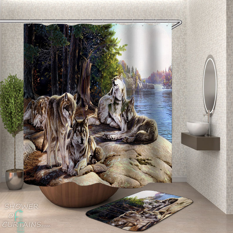 Shower Curtains with Wolf Pack