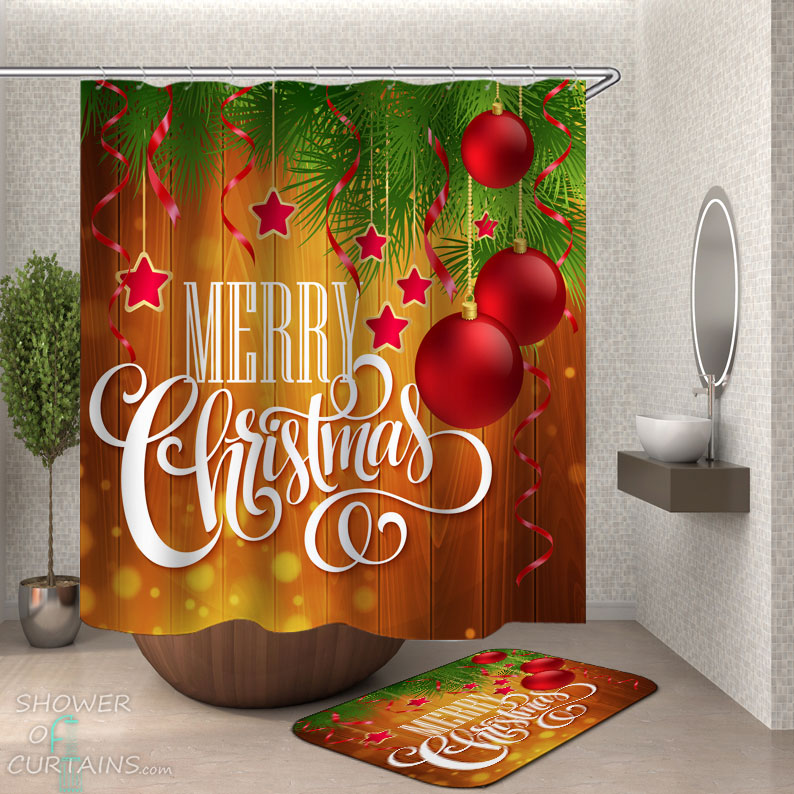Shower Curtains with Wooden Deck Merry Christmas