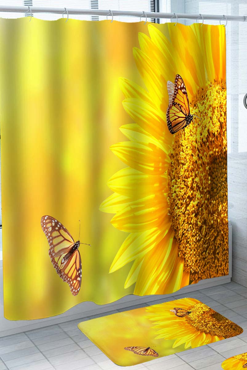Shower Curtains with Yellow Butterflies and Sunflower