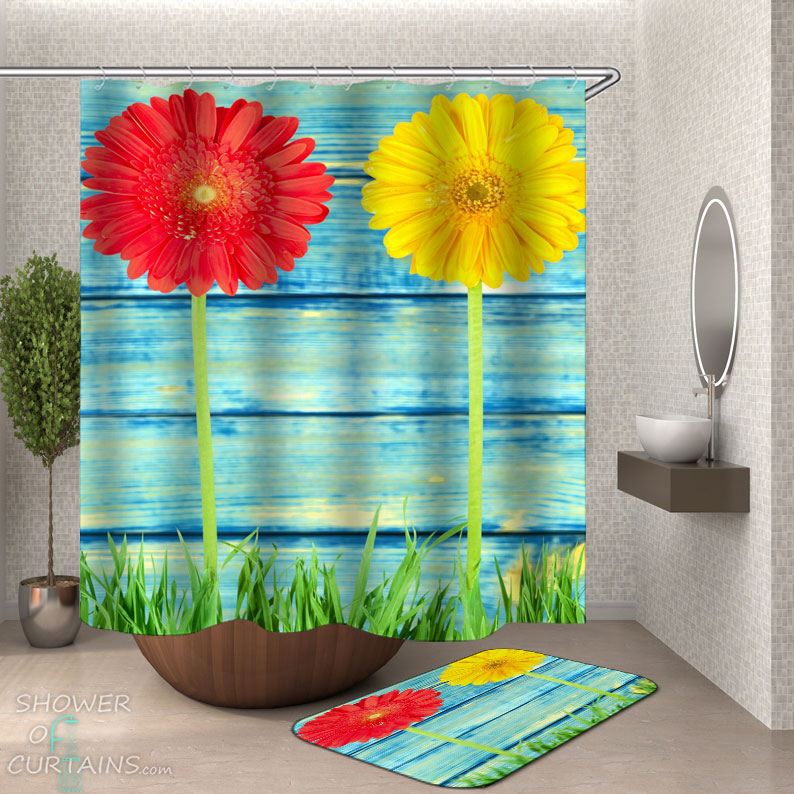 Shower Curtains with Yellow vs Red Flowers