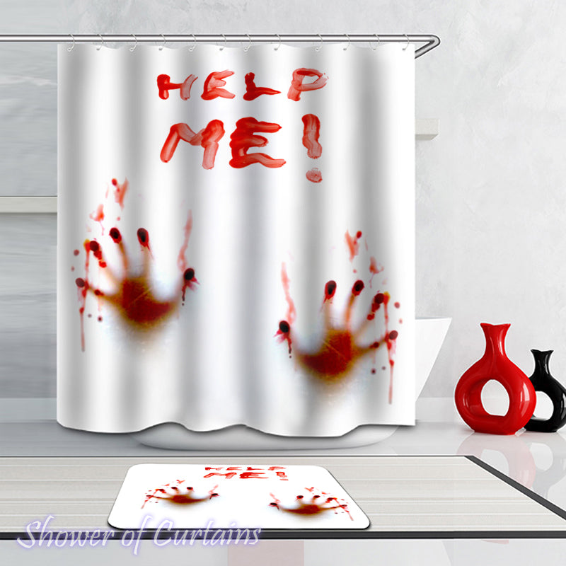 Shower Curtain Help Me(!) Bloody Hands print