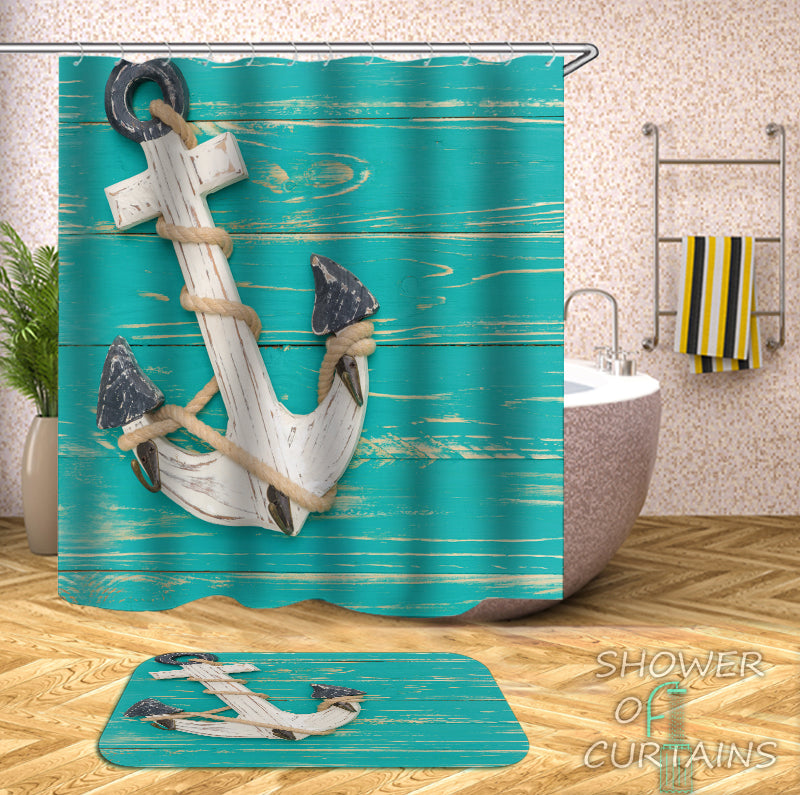 Shower Curtain Of Anchor On Turquoise Deck
