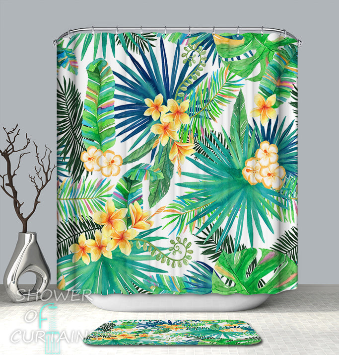 Shower Curtain Theme of Yellow Tropical Flowers 