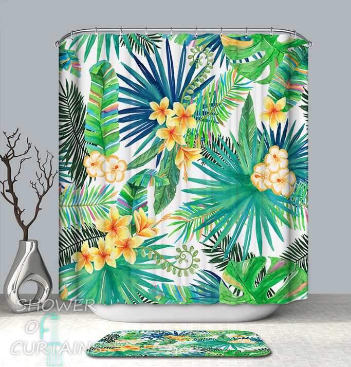 Shower Curtain Theme of Yellow Tropical Flowers 