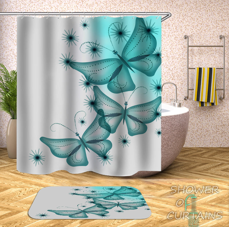 Shower Curtain Themed of Teal Aqua Turquoise Butterflies Shower Curtains