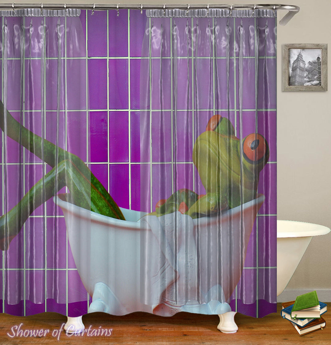 Shower Curtain With a Frog Taking A Bath