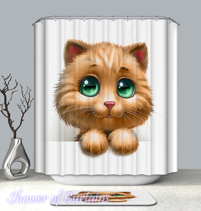 Shower Curtain of Big Green Eyes Cat Figure