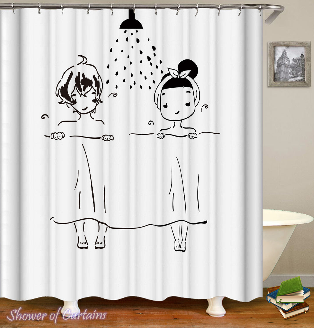 Shower Curtain of Black And White Drawing Couples Shower